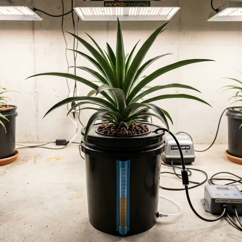 Pineapple growing in a Deep Water Culture (DWC) bucket system