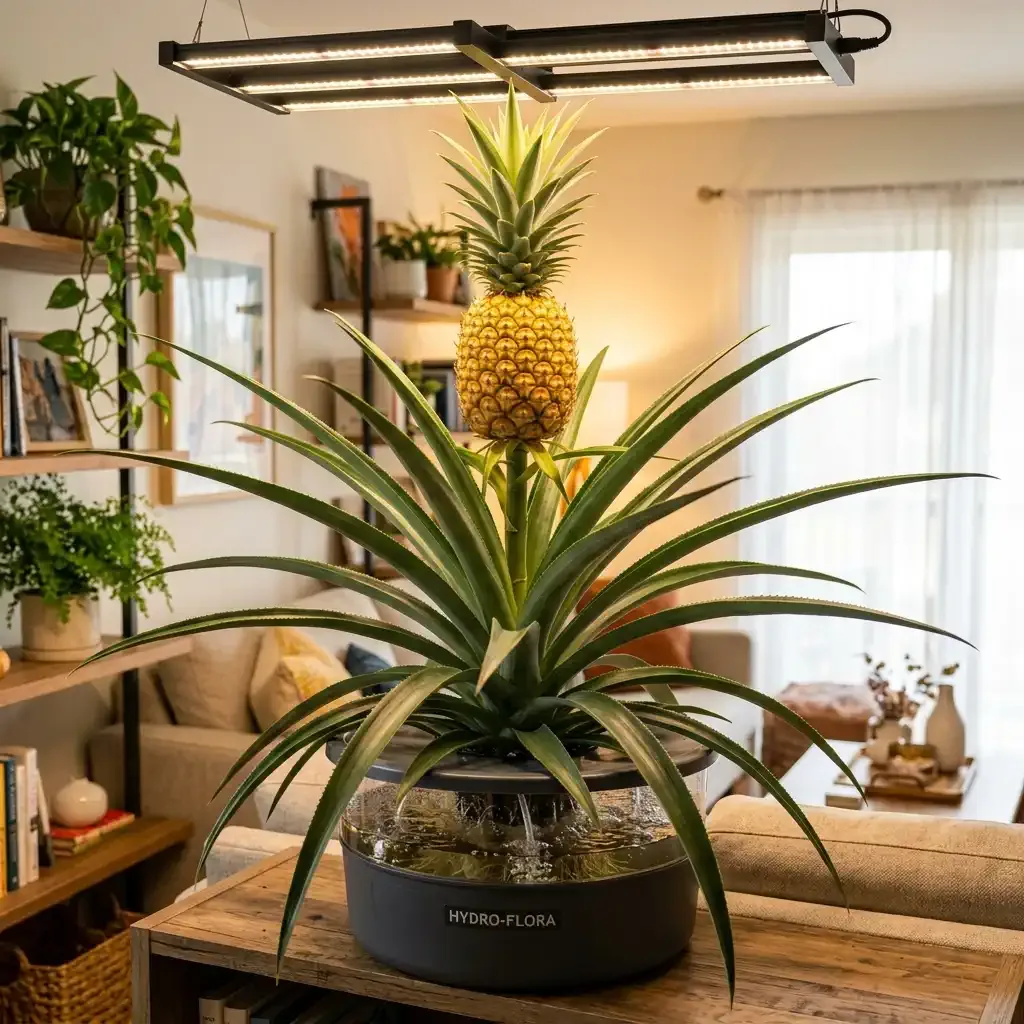 Mature hydroponic pineapple plant with a golden-yellow fruit