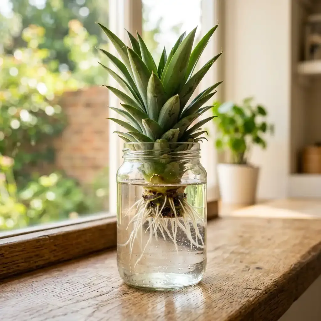 Rooting a pineapple crown in a glass jar of water