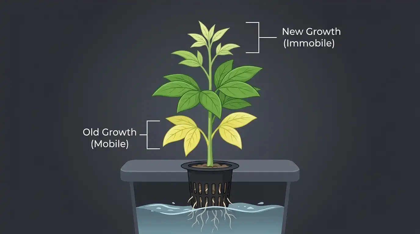 Illustration showing where mobile vs. immobile nutrient deficiencies appear on a plant