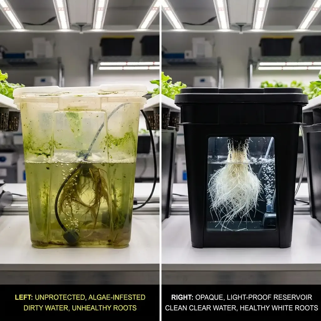 Side-by-side comparison of a light-leaking plastic reservoir vs a light-proof black reservoir