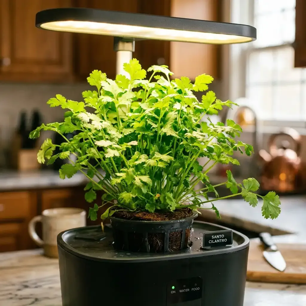 A compact pod of fresh green Santo Cilantro growing under grow lights on a kitchen counter