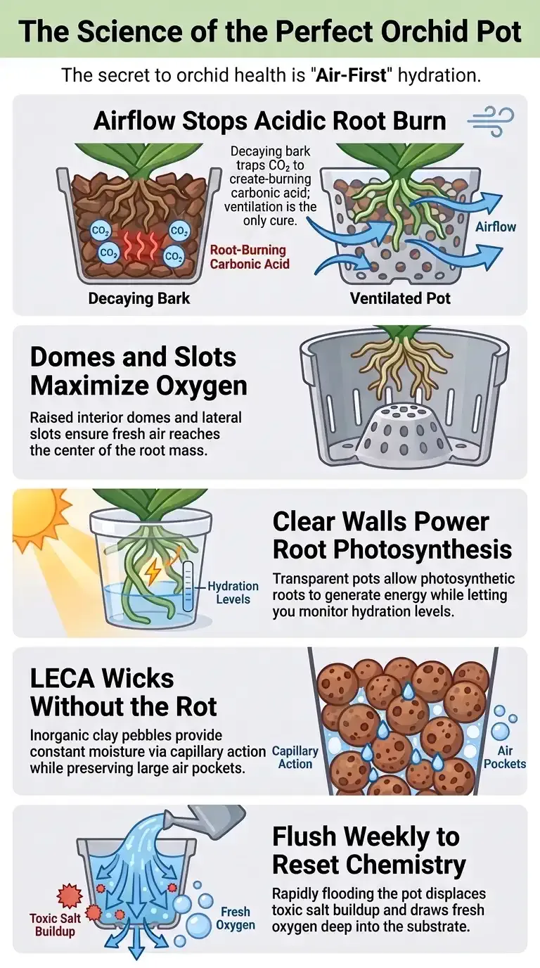 Infographic illustrating the science behind a perfect orchid pot, detailing airflow, domes/slots, clear walls, LECA wicking and weekly flushing