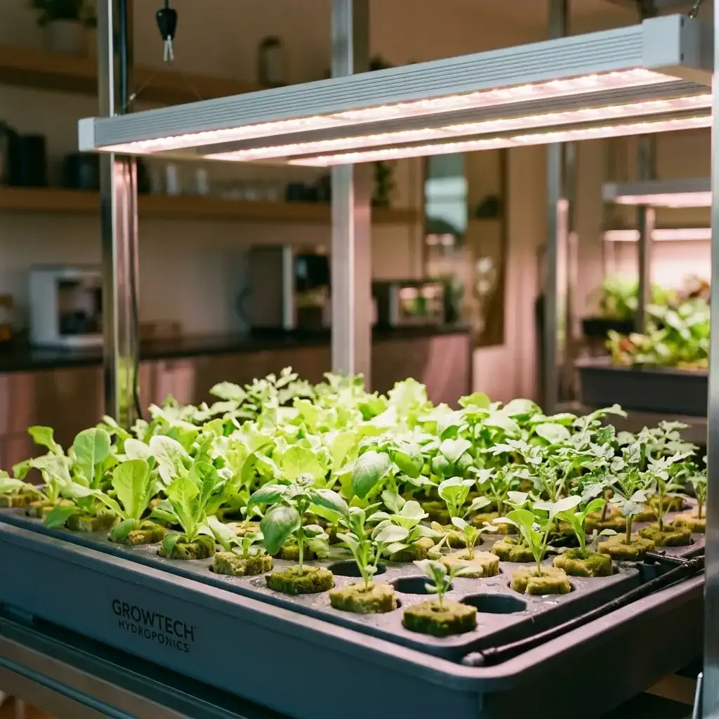 Healthy green seedlings growing under a warm LED grow light setup