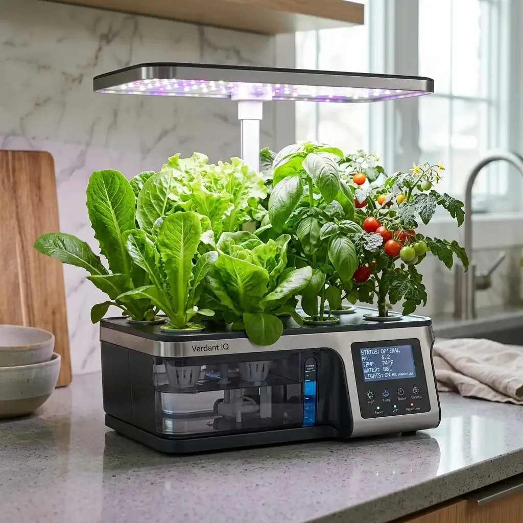 Smart indoor countertop hydroponic system with app alerts and LED grow lights