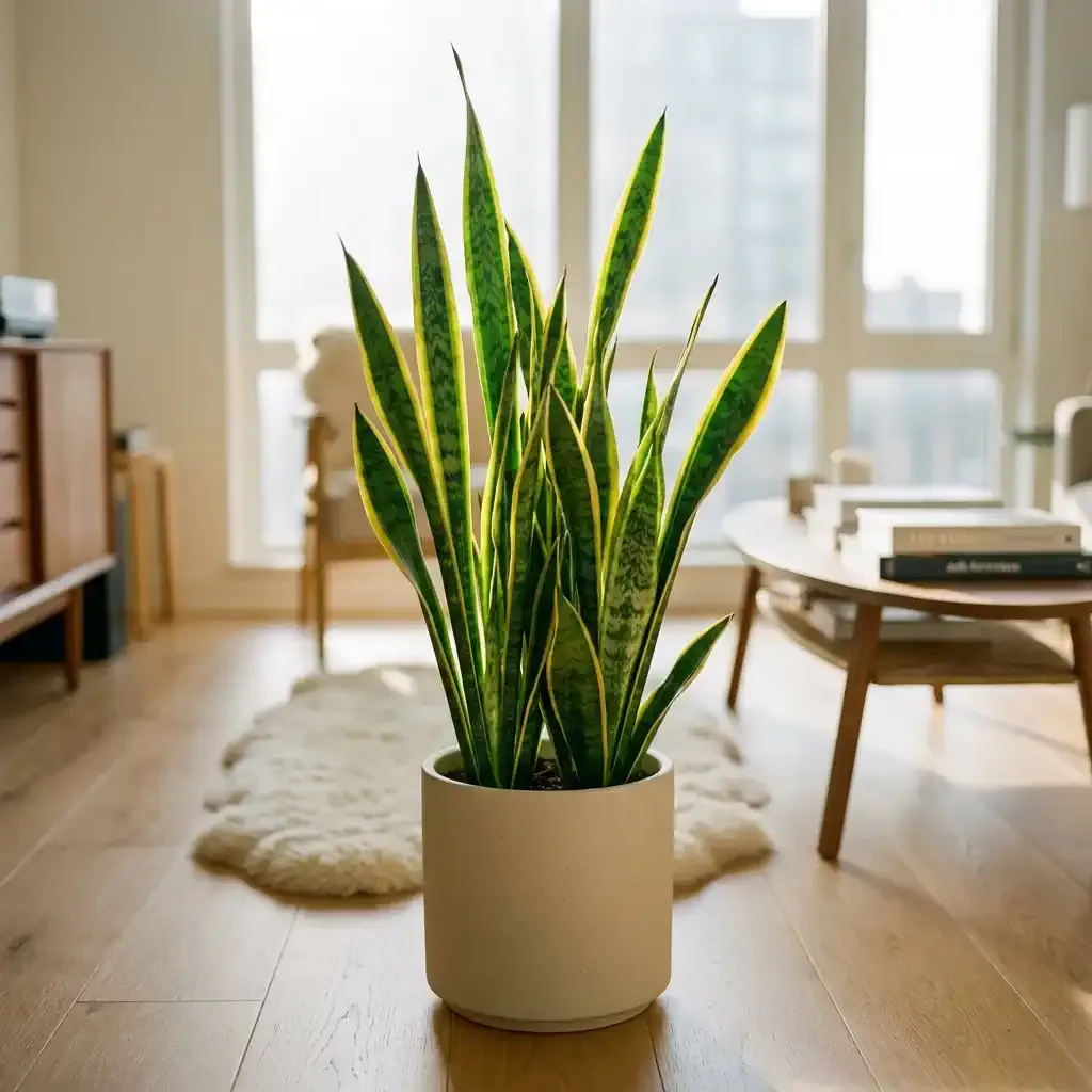 A healthy Snake Plant with tall, upright variegated leaves in a modern apartment setting