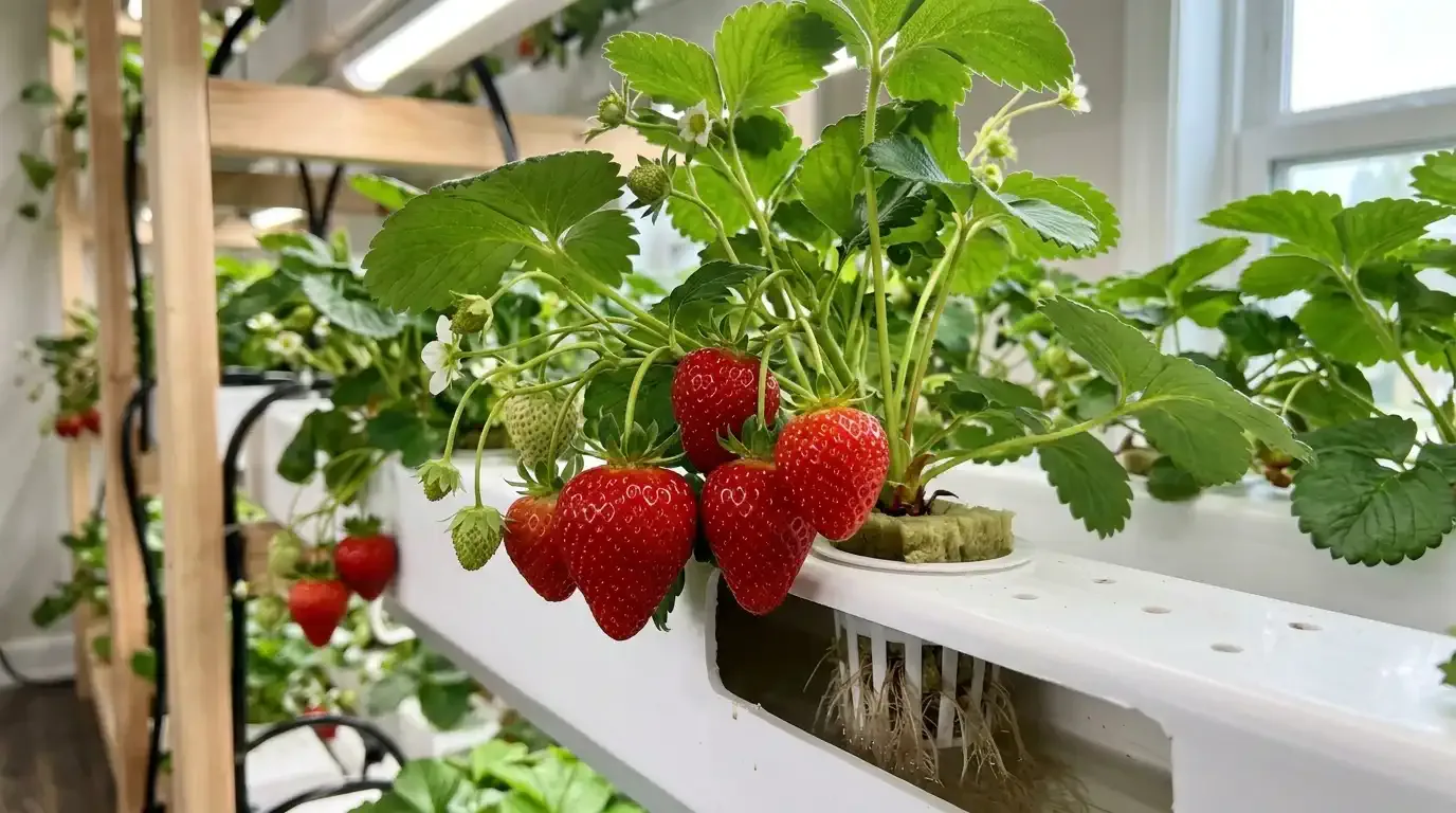 Close-up of ripe, red strawberries ready for harvest in a soil-free NFT hydroponic setup
