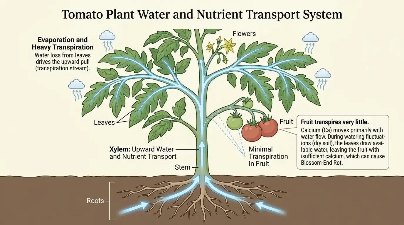 Diagram showing water and calcium transport through a tomato plant's transpiration stream