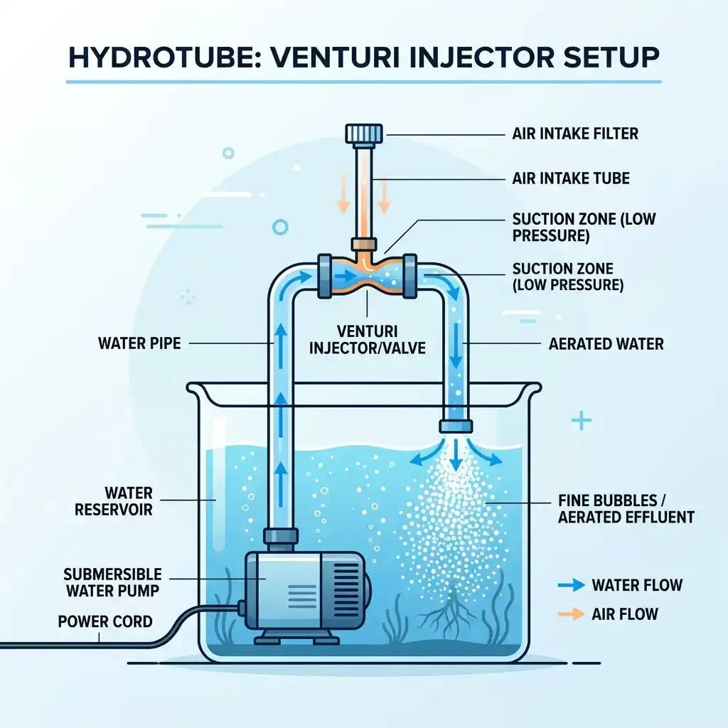 Diagram showing how a Venturi injector works using a water pump to draw in air.