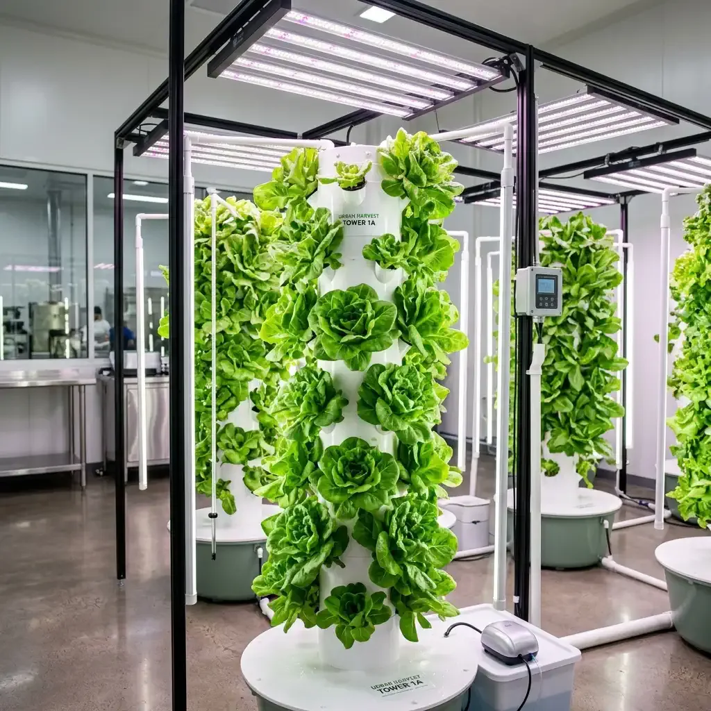 Vertical hydroponic tower system growing lettuce