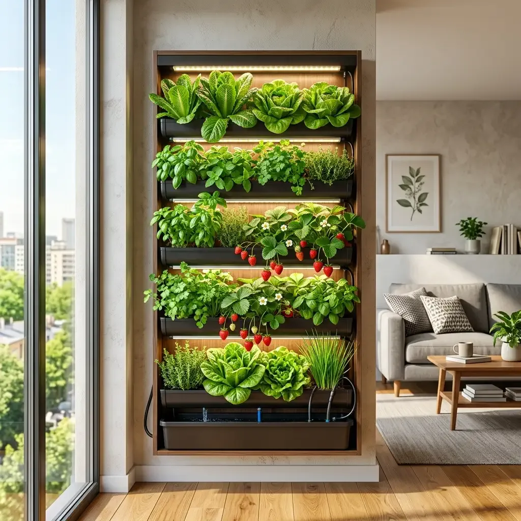 Sleek vertical wall hydroponic garden panel in a living room