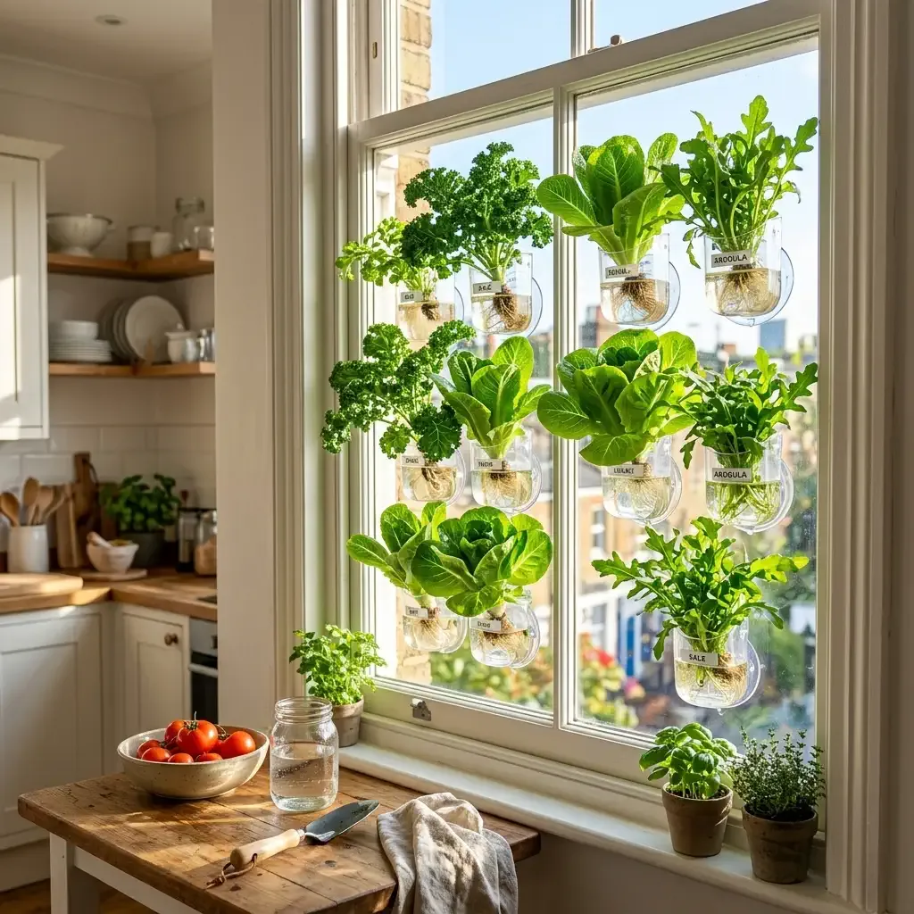 Window hydroponic farm with suction-cup plant containers on sunlit window pane