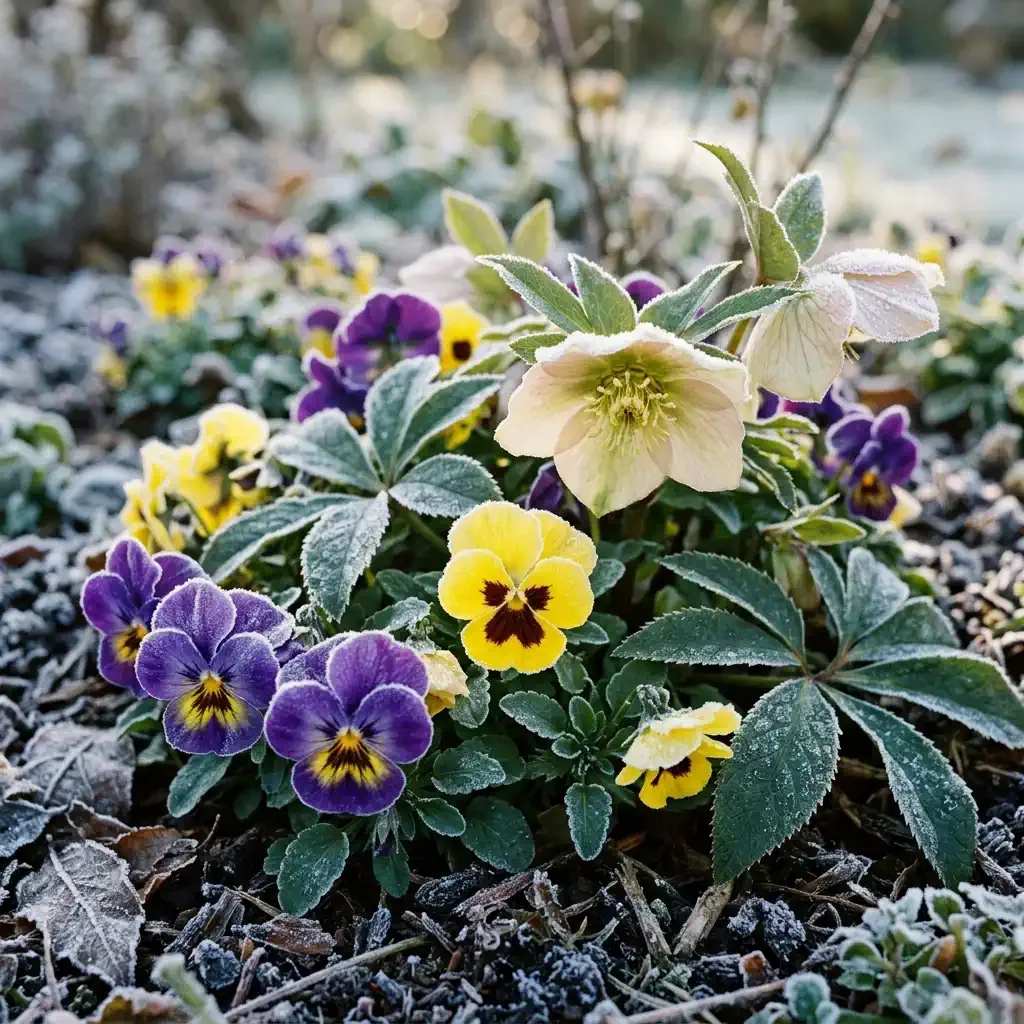Vibrant winter pansies and Christmas rose hellebores blooming through a dusting of frost in a winter garden bed