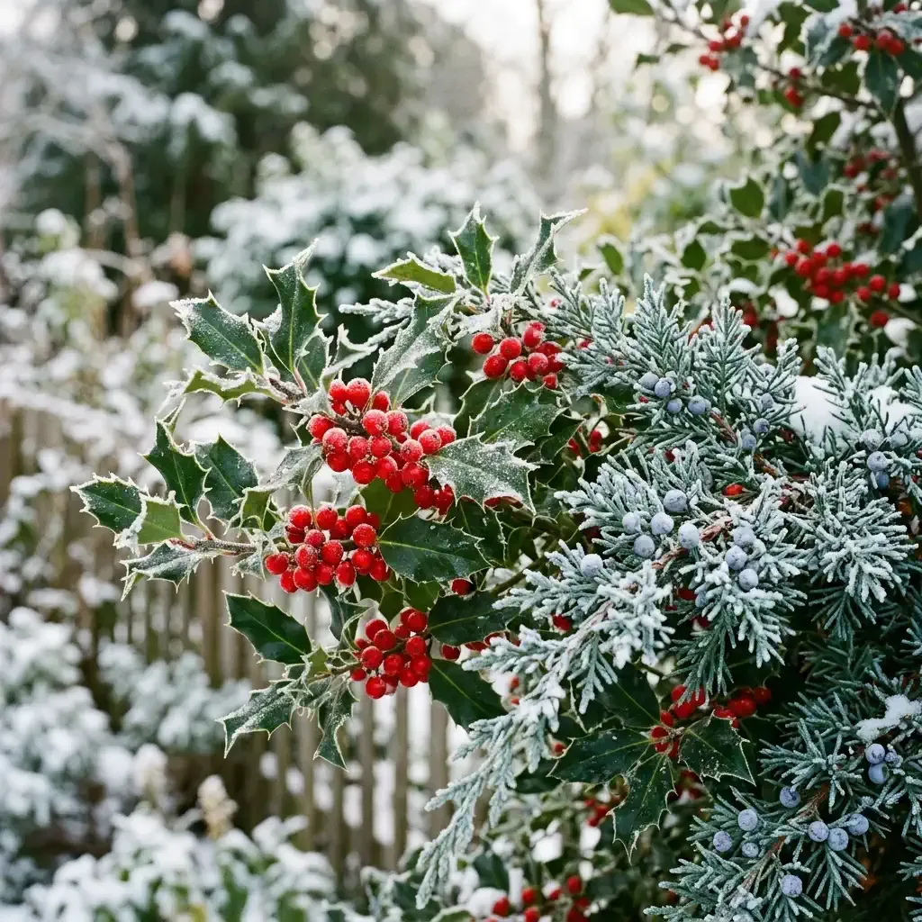 Frost-covered blue-green juniper needles and bright red holly berries dusted with light snow