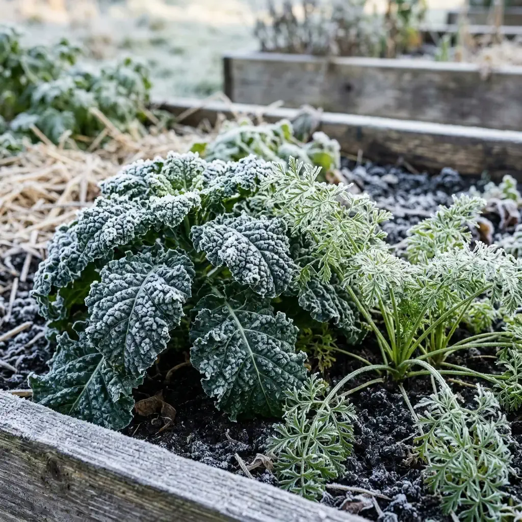 Organic curly kale and carrot tops growing in a raised garden bed, covered in a delicate layer of morning frost