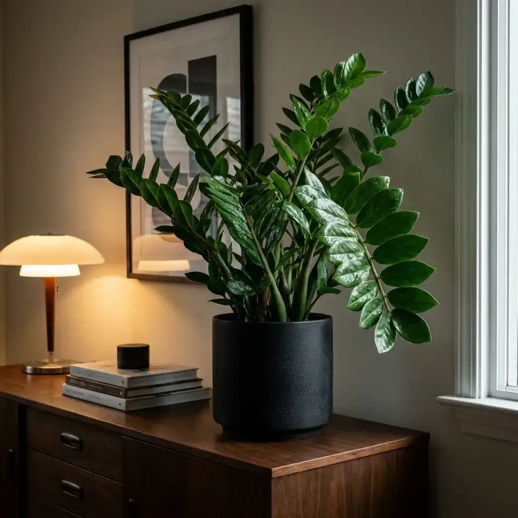 A glossy ZZ Plant in a dark planter on a modern sideboard