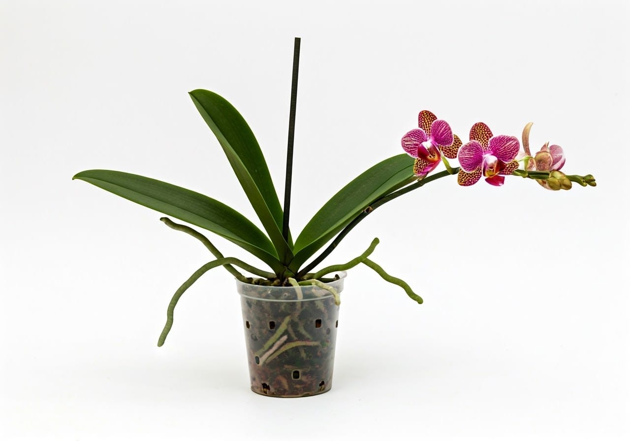 Orchid growing in clear plastic orchid pot