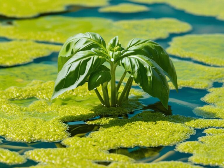 Algae with a basil plant growing