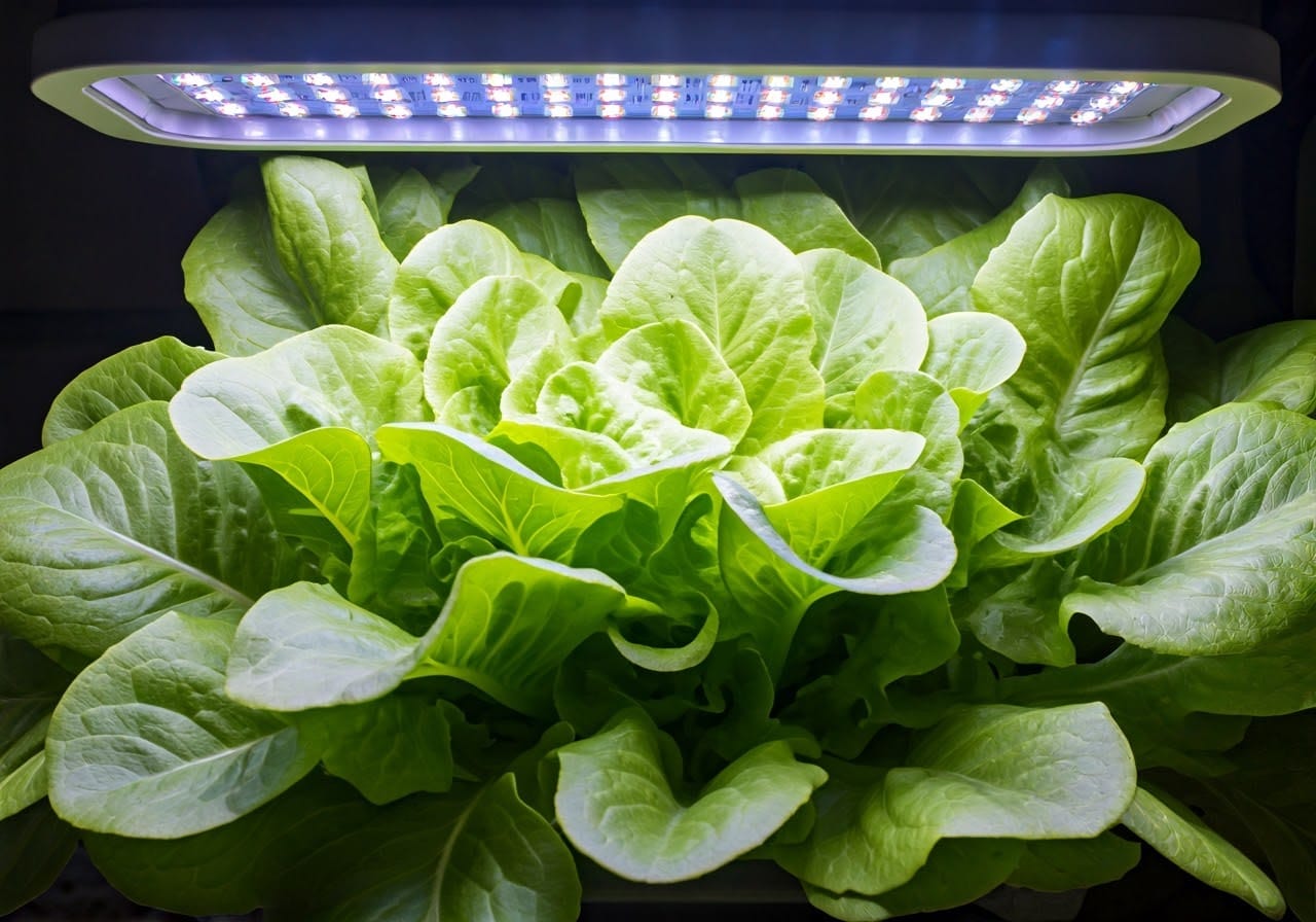 LED Grow Light Above a Lettuce Plant