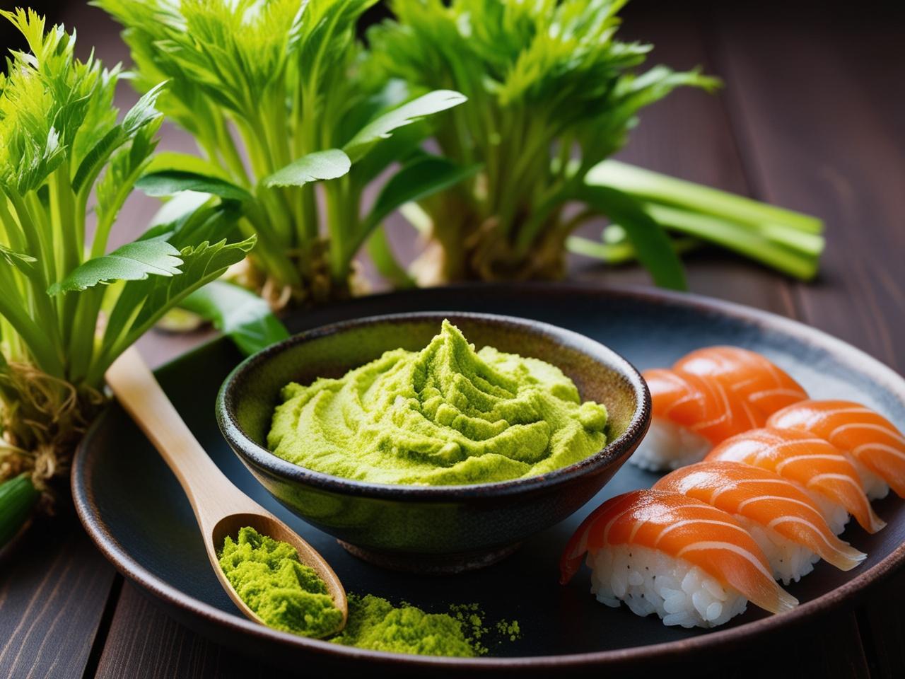 Wasabi Plants Lying Next to Wasabi Paste in a Bowl and Some Sushi