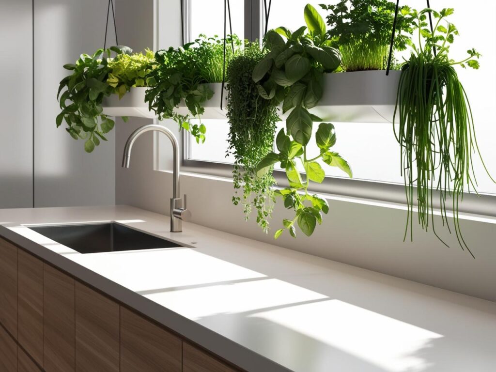 Hanging planter in kitchen with various herbs