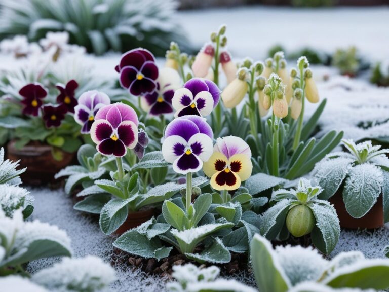 Pansies, Snapdragons and Hellebores Growing in Frost Conditions